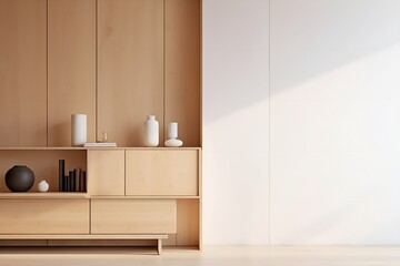 Fototapeta premium Empty living room showcasing a wooden wall and cabinet, complemented by a decorative drawer and mockup wall. 