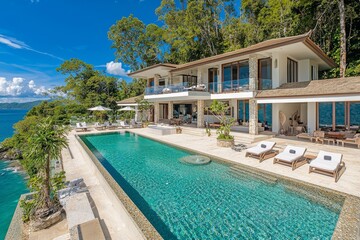 Fototapeta premium Building exterior and interior designs showing a tropical pool villa surrounded by a green garden