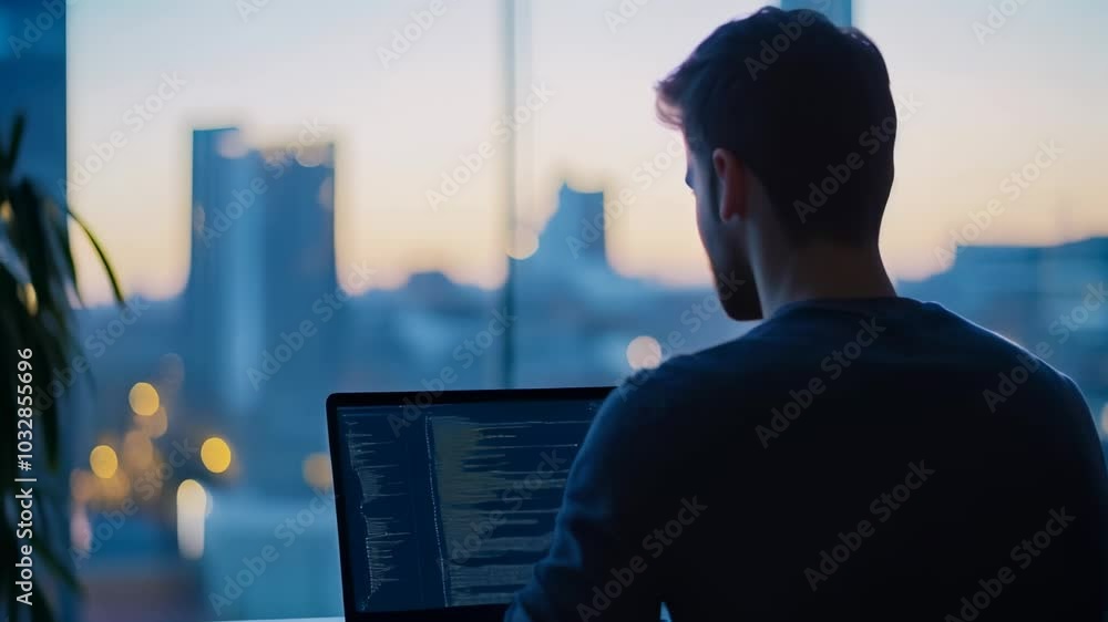 Poster Programmer codes on laptop in modern office with city view at sunset, illuminated by warm evening glow, focusing on software tasks as city lights twinkle through window