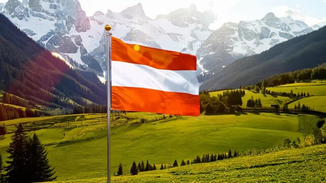Austria flag waving against mountains landscape background. National celebration and holiday concept. Democratic elections. Austrian culture