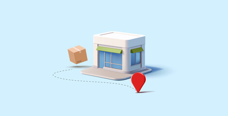 Modern store building, location icon, box. Banner for logistics concepts, and fast delivery of goods and products. Retail concept. Vector