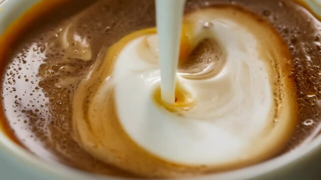 Pouring milk into coffee cup. Cappuccino or latte. Coffee art and barista skill concept. Close-up view of beverage preparation. Slow motion. Mocha Mousse - color of the year 2025