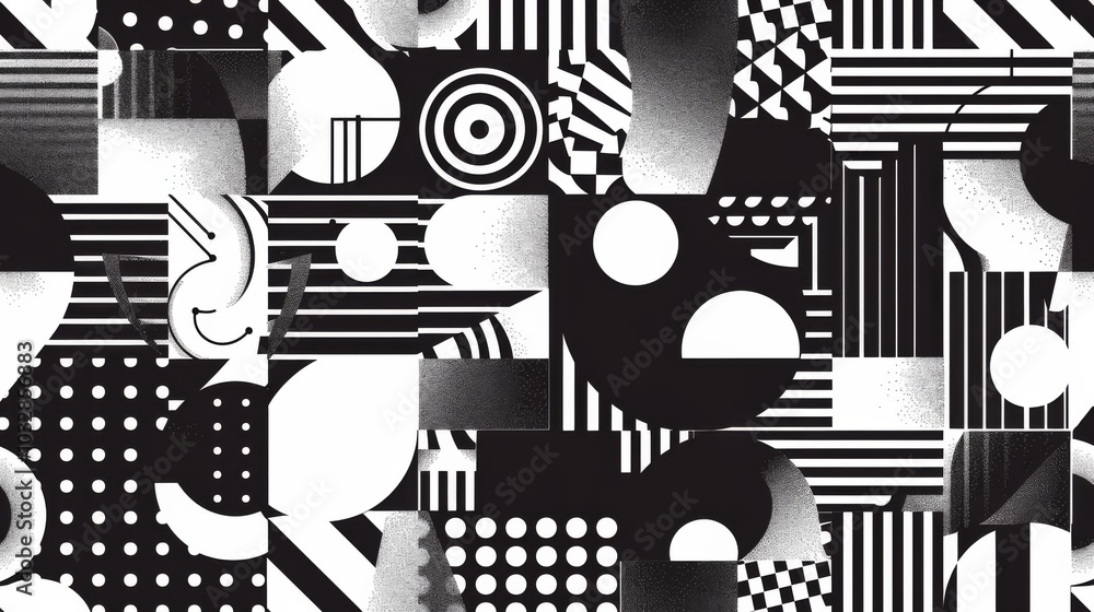 Poster black and white minimalistic abstract geometric seamless pattern featuring microcosm geometry elemen