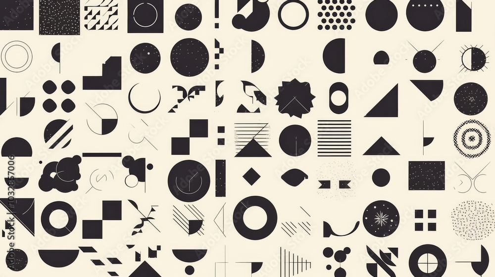 Poster black and white minimalistic abstract geometric seamless pattern featuring microcosm geometry elemen