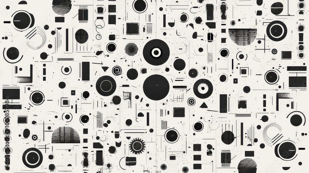 Poster Black and white minimalistic abstract geometric seamless pattern featuring microcosm geometry elements. Ideal for wallpaper and decorative texture backdrops.