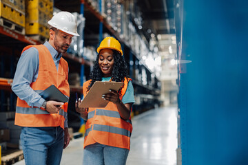 Warehouse workers checking inventory using digital tablet and clipboard