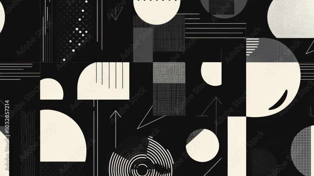 Poster Black and white minimalistic abstract geometric seamless pattern featuring microcosm geometry elements. Ideal for wallpaper and decorative texture backdrops.