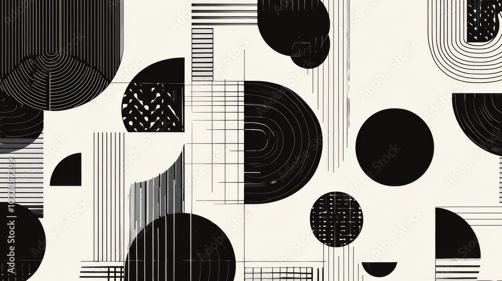 Poster black and white minimalistic abstract geometric seamless pattern featuring microcosm geometry elemen