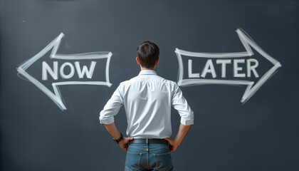 A man stands before a chalkboard with "NOW" and "LATER" arrows, symbolizing decision-making and time management. For motivational content, business presentations, or personal development materials