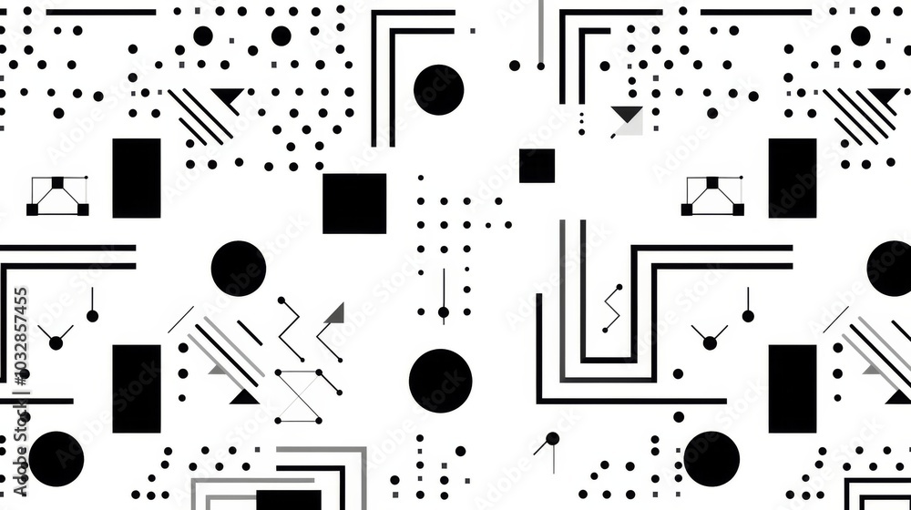 Poster black and white minimalistic abstract geometric seamless pattern featuring microcosm geometry elemen