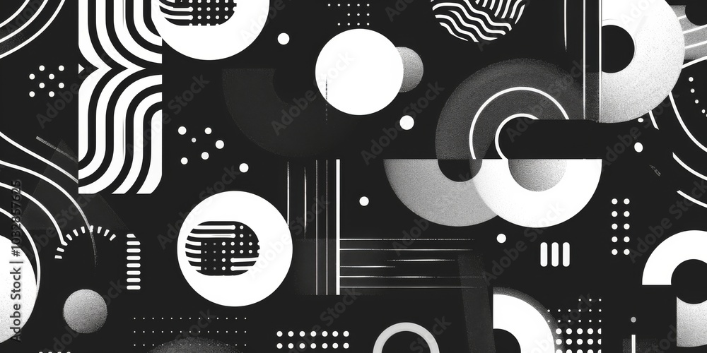 Poster black and white minimalistic abstract geometric seamless pattern featuring microcosm geometry elemen