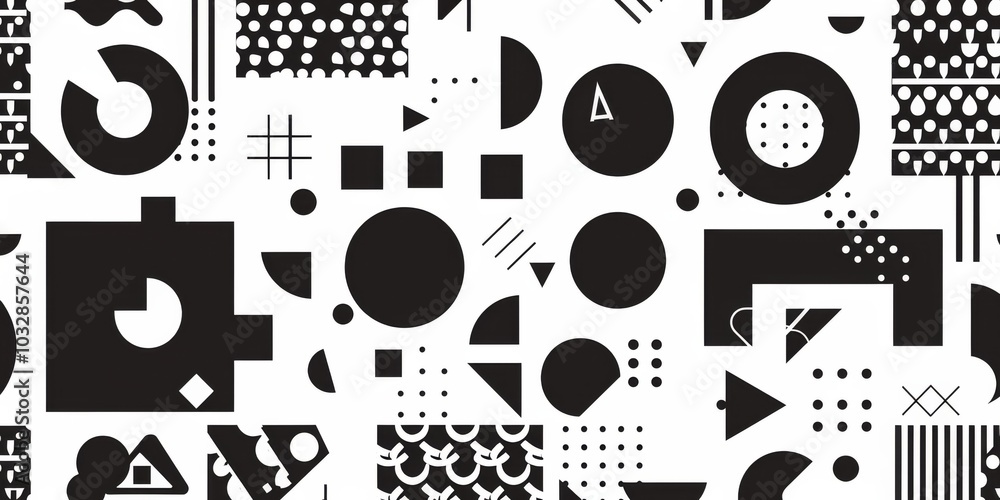 Poster black and white minimalistic abstract geometric seamless pattern featuring microcosm geometry elemen
