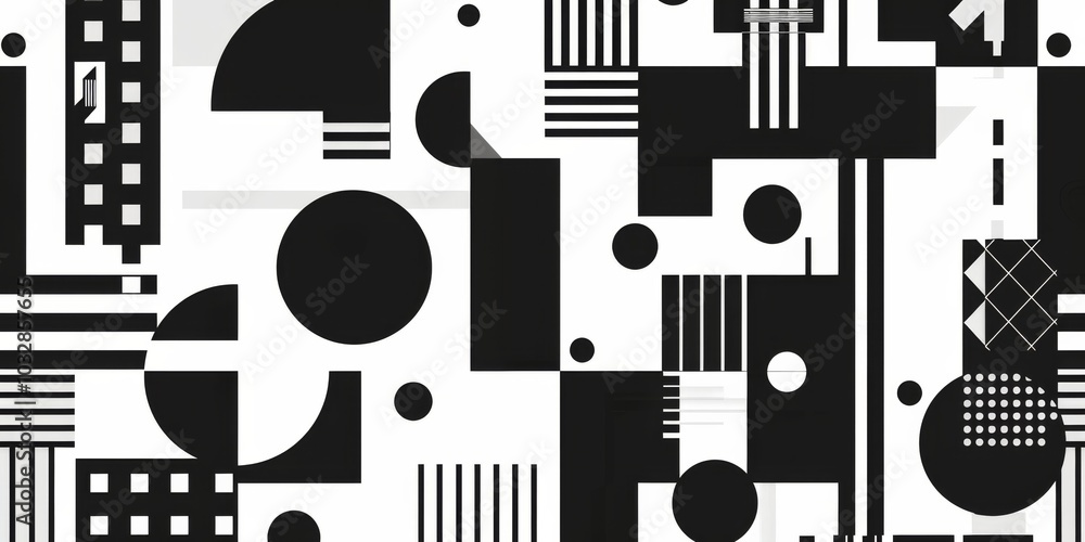Poster black and white minimalistic abstract geometric seamless pattern featuring microcosm geometry elemen