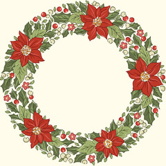 Nostalgic poinsettia and holly wreath vector illustration. Lush Floral Christmas Frame. Festive Victorian evergreen design with hand-drawn vintage winter holiday foliage and berries