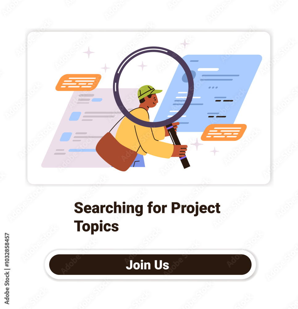 Poster person searching for project topics magnifying glass digital documents colorful elements website ban