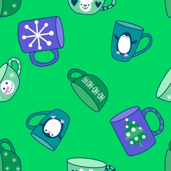 Christmas cups seamless winter mugs pattern for fabrics and linens
