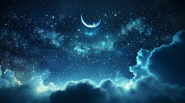 A crescent moon shines above a blanket of fluffy clouds in a night sky filled with stars