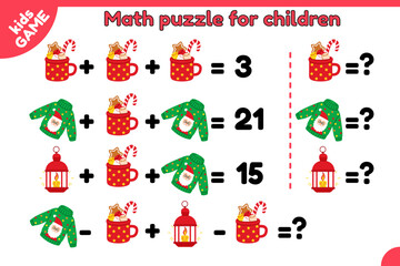 Christmas math game for children. Educational kids puzzle. Cartoon Xmas ugly sweater, holiday mug, lantern. Counting task for school education. New Year vector illustrations for baby activities book.