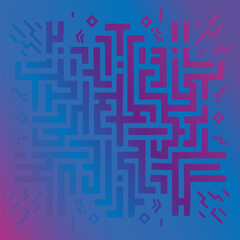 Geometric maze pattern in vibrant blue and pink against a gradient background