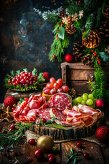 Sliced salami, ham, cheese and grapes on rustic wooden with Christmas decoration