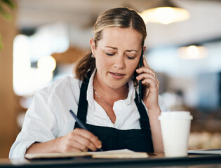 Person, coffee shop or owner with phone call, notebook, or laptop for order confirmation. Thinking, writing and cafe woman on mobile technology for menu information, event planning and sales