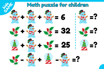 Fototapeta premium Christmas math game for children. Educational kids puzzle. Cartoon glass snow globe, cute snowman, mistletoe. Counting worksheet for school education. New Year vector illustrations for activities book