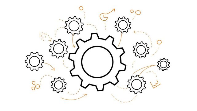 Large System Idea Concept with a Big Cogwheel Surrounded By Sketched Small Gears as Solutions. Minimal Design Drawing Line.
