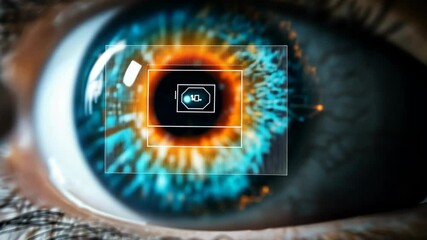 A close-up shot of a blue eye with a digital grid overlay - Powered by Adobe