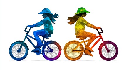 Fototapeta premium Two girls riding bicycles in colorful abstract style.