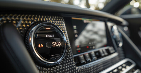 Car push start stop button inside modern technology car.electric, hybrid vehicle