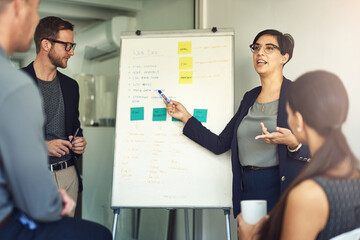 Employees, whiteboard and presentation in office on web development, update plan and project....