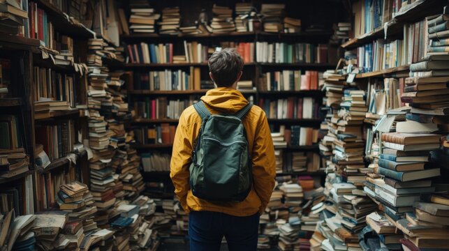 Back View of Man with Backpack in Front of Books