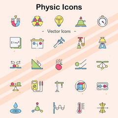 Icons representing physics concepts and symbols.