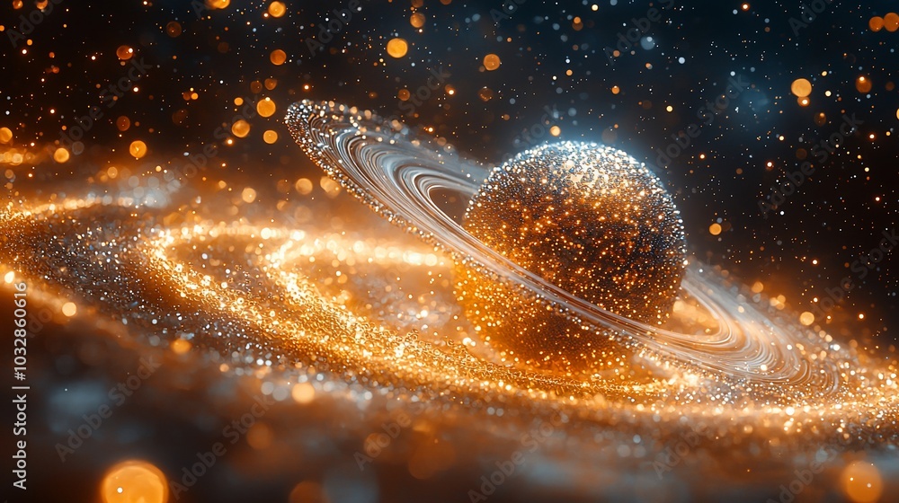 Poster abstract glowing planet with rings in a galaxy with sparkly dust.
