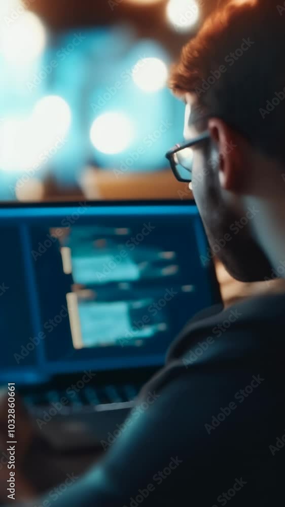 Poster Programmer is working late using a laptop with lines of code filling the screen. The background is out of focus with lights