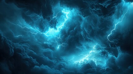 Beneath the stormy clouds, bright streaks of lightning light up the sky, cutting through the dense blue fog. 