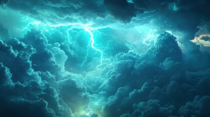 Fototapeta premium Beneath the thunderous blue clouds, brilliant bolts of lightning slash through the sky. A glowing turquoise mist rises from below, swirling with electric energy