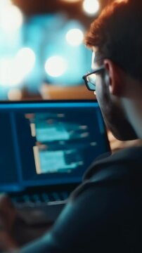 Programmer is working late using a laptop with lines of code filling the screen. The background is out of focus with lights