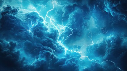 Fototapeta premium In a mystical storm, lightning cuts through thick blue smoke clouds while a soft, glowing mist of turquoise energy swirls below, adding an air of enchantment to the scene