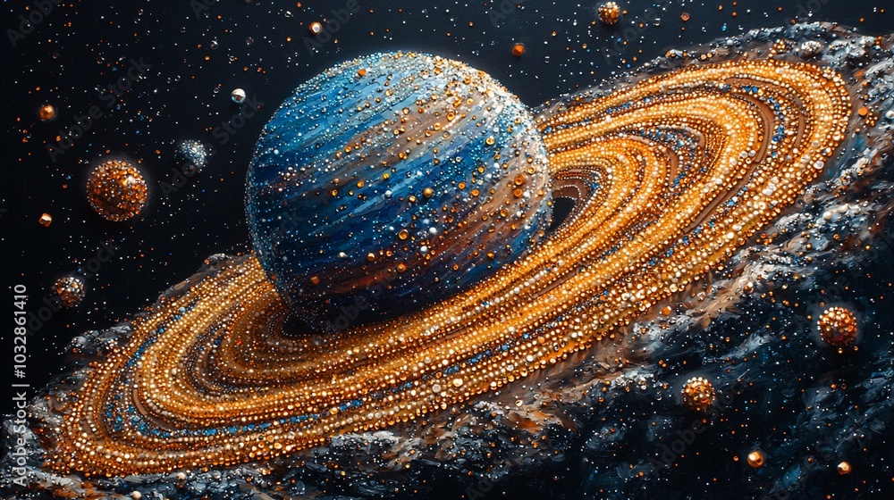 Poster a 3d rendering of a planet with a ring system, surrounded by other celestial bodies.