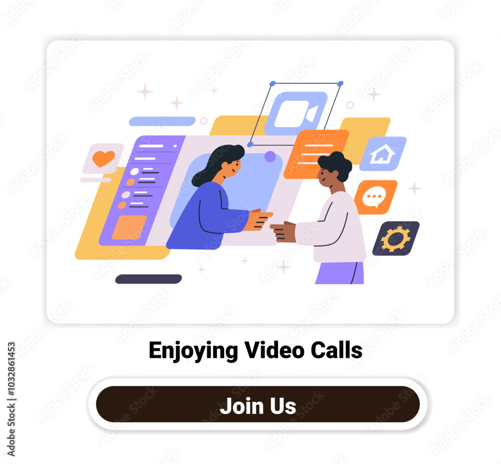 Poster video calls communication concept two people video chatting with various icons and interface element