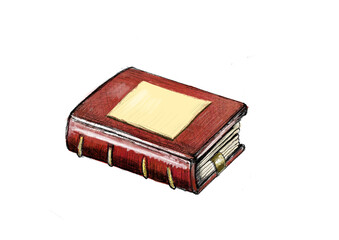 Illustration of a vintage book with a red leather cover and gold details, symbolizing knowledge or wisdom, perfect for educational themes, historical literature, or antique collections exploration.