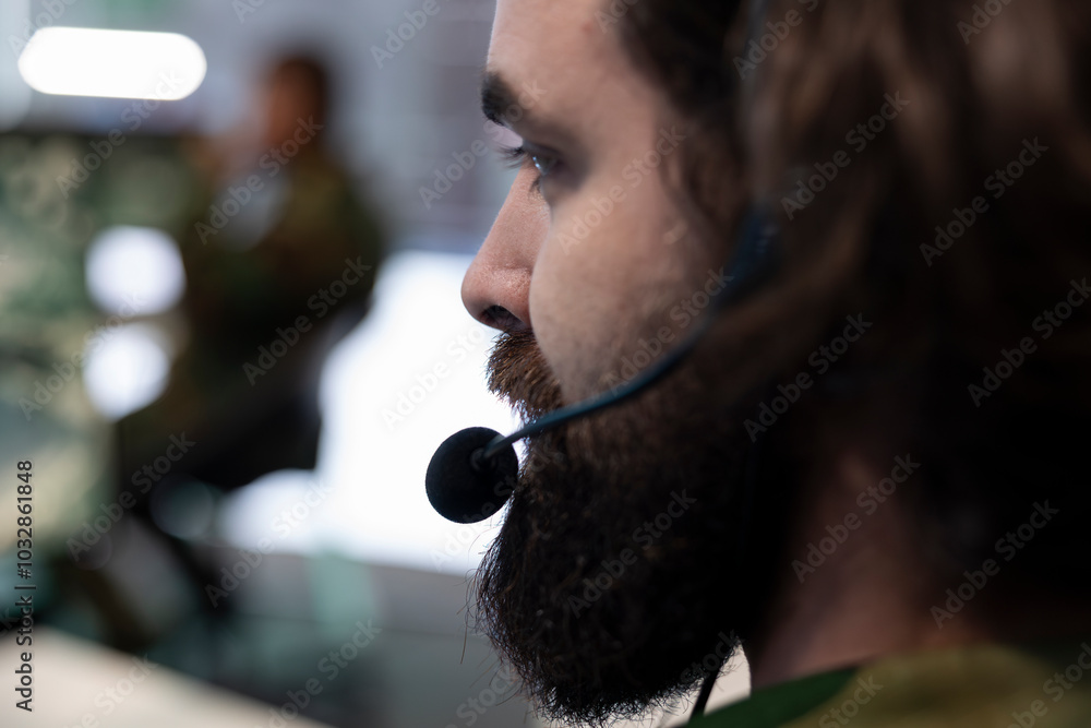 Aufkleber army recruit working on reconnaissance mission to gather intelligence, operating with global satelli