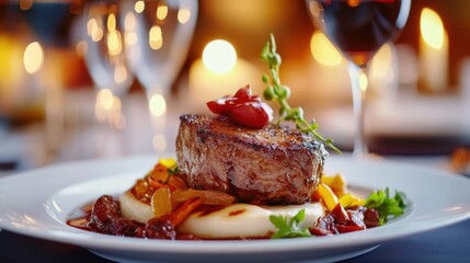 Elegant steak dinner with mashed potatoes and vegetables in a fine dining setting, AI