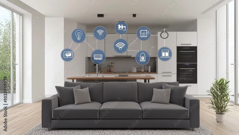 Aufkleber smart home concept featuring multiple connected appliances and devices via internet of things - stoc