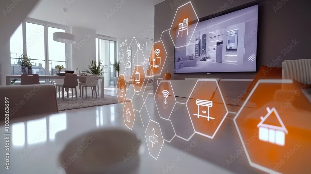 Aufkleber an app on a smart tv shows a smart home system in a modern setting
