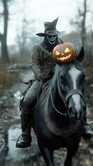 Fototapeta premium Halloween rider: a mysterious figure atop a black horse,glowing pumpkin, galloping , capturing the essence of spooky tradition and legend in a haunting visual scene.