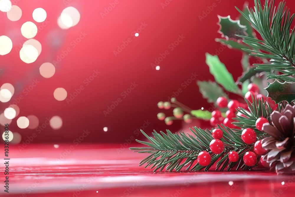Aufkleber merry christmas card with a xmas tree and sparkling bokeh lights on a red canvas background. winter 