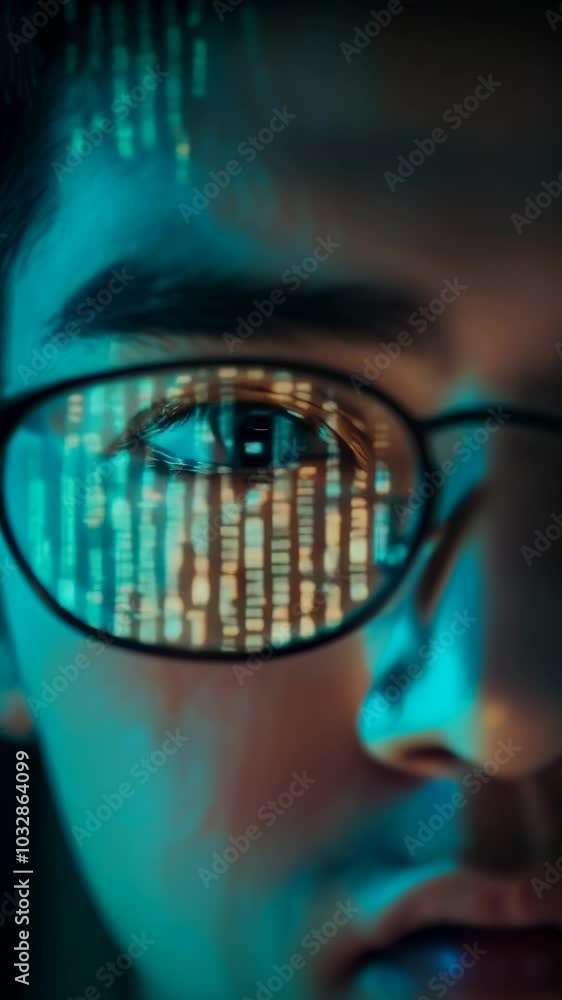 Poster Software developer is working late, illuminated by the glow of their computer screen, with code reflecting in their glasses