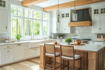 White kitchen with large island in new luxury home. Includes stainless steel appliances and sleek modern range hood.